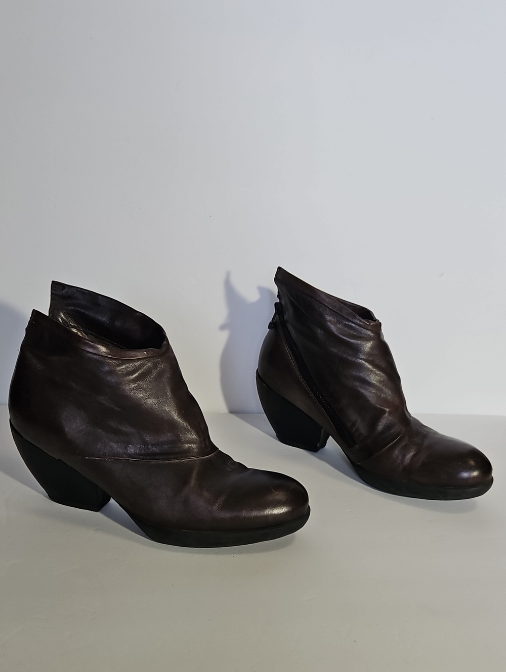 AS 98 Dark Brown Leather Side Zip Cuban Heel Moto Booties